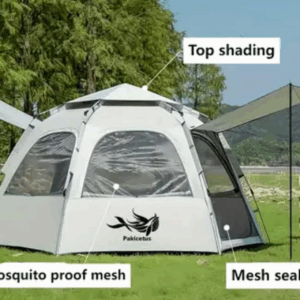 Easy setup 4-person hexagon camping tent with skylight and mesh sides