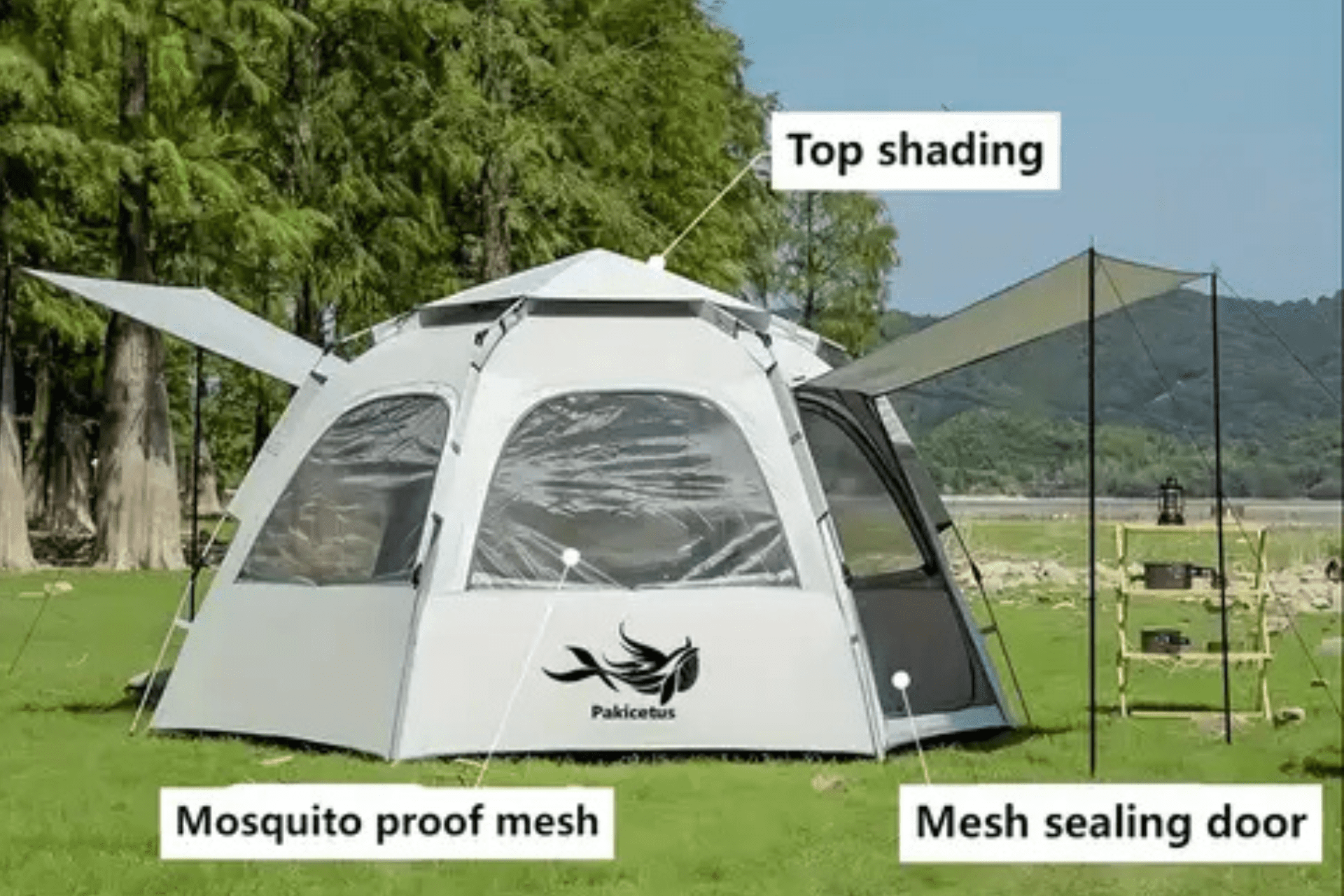 Easy setup 4-person hexagon camping tent with skylight and mesh sides