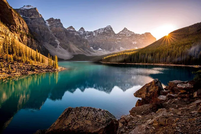 Camping tent setup in Banff National Park with mountain views
